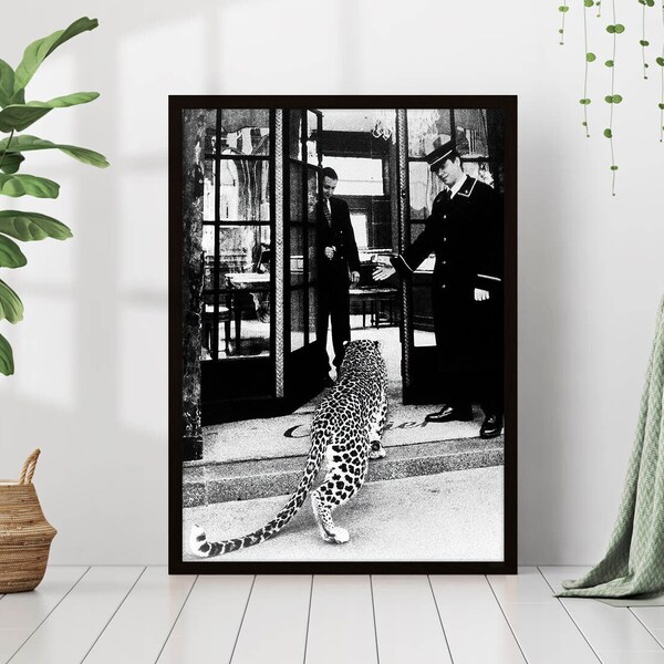 Panther in Restaurant Print Leopard Jaguar Black and White Old Retro Vintage Fashion Photography Canvas Framed Printed Trendy Wall Art Decor