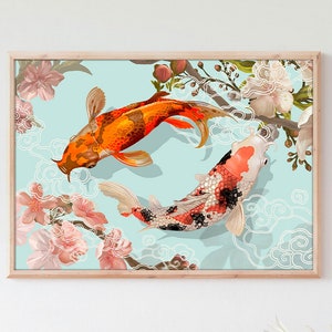 Vintage Koi Carp Japanese Fish Zen Asian Art Painting Canvas Print Poster Framed Ukiyo-e Shin Hanga Vibrant Aquatic Wall Art Room Decor