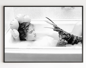 Nightmare on Elm Street Movie Poster Funny Restroom Wall Art Halloween Horror Bathtub Black & White Scary Photo Decor Canvas Framed Printed