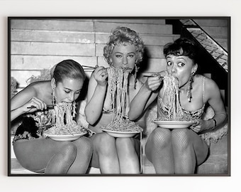 Women Eating Pasta with Chopsticks Black and White Vintage Old Retro Photography Trendy Wall Art Decor Canvas Frame Printed Spaghetti Poster