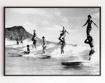 Vintage Surfers Poster California Retro Ocean Beach Surfboards Summer Black & White Photography Coastal Wall Art Decor Canvas Framed Printed