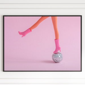 Pink Aesthetic Disco Ball Barbie Print Retro Poster Club Fashion Dance Party Canvas Framed Printed Preppy Trendy Funky Bar Cart Wall Art