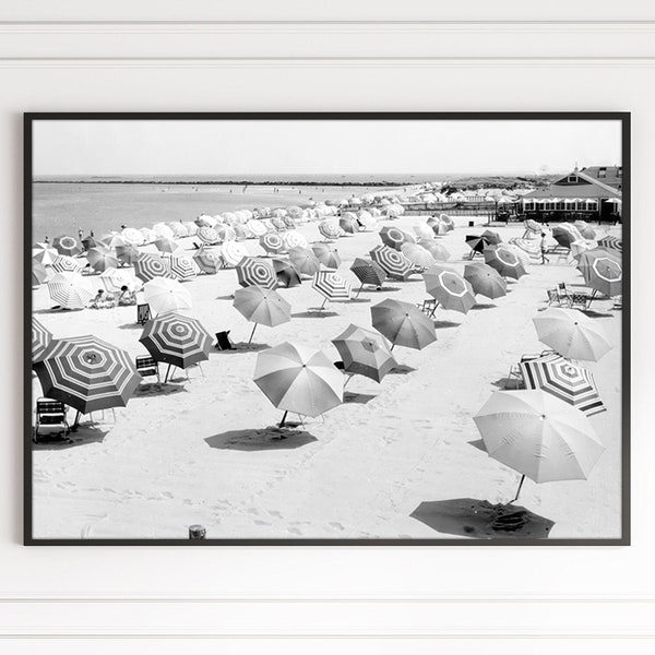 Vintage Beach Umbrellas Retro Black and White Old Summer Coastal Ocean Photography Trendy Wall Art Poster Canvas Framed Printed Wall Art