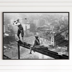 Golf on Skyscraper Beam Black and White Vintage Funny Retro Photography Wall Art Canvas Framed Poster Printed Wall Art Trendy Room Decor image 1