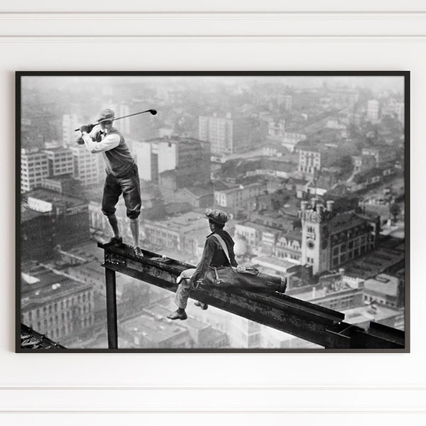 Golf op wolkenkrabber Beam zwart-wit Vintage grappige retro fotografie muur kunst canvas ingelijste poster gedrukte muur kunst trendy kamer decor