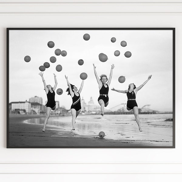 Balloon Dancers on the Beach Retro Swimsuits Black & White Vintage Old Summer Photography Trendy Poster Canvas Framed Printed Wall Art