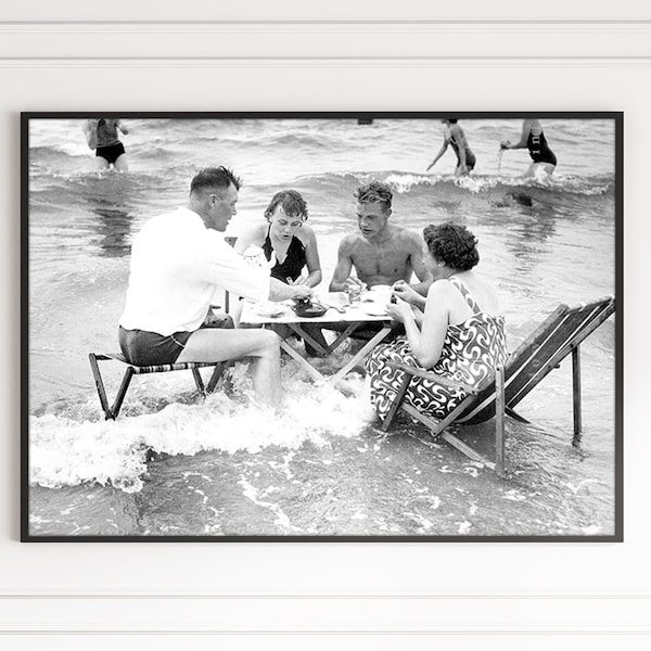 Tea Party at the Beach Retro Black and White Vintage Old Funny Summer Surf Photography Trendy Wall Art Poster Canvas Framed Printed Wall Art