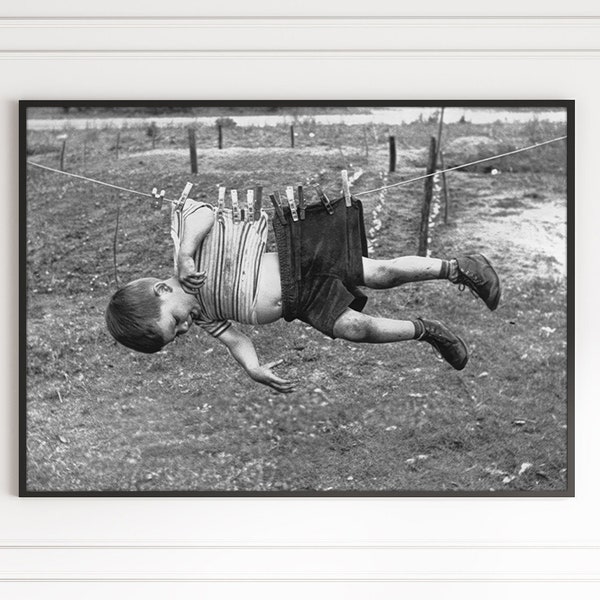 Laundry Room Dirty Kid on a Clothesline Black & White Vintage Funny Retro Photography Wall Art Canvas Frame Poster Printed Wall Art Mom Life