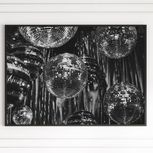 Disco Balls Shining Sparkling Print Black & White Retro Vintage Luxury Fashion Dance Party Photography Canvas Framed Printed Wall Art Trendy