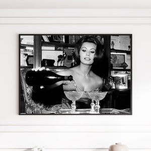 Sophia Loren Drinking Martini Poster Black and White Retro Vintage Classic Iconic Actress Fashion Photography Canvas Framed Printed Wall Art