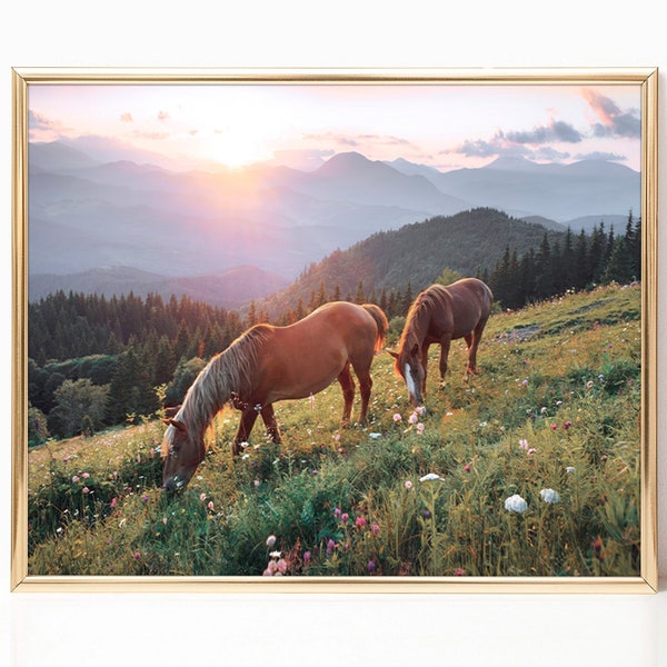 Grazing Wild Horses Mountain Photography Field Boho Meadow Nature Farmhouse South Western Room Decor Canvas Print Poster Frame Room Wall Art