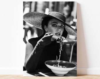 Italian Woman Eating Pasta Black and White Vintage Old Retro Photography Kitchen Diner Wall Art Decor Canvas Frame Printed Spaghetti Poster