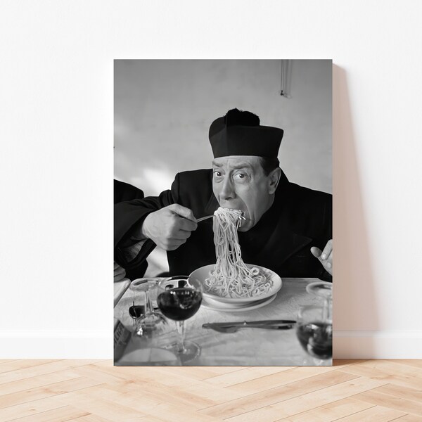 Man Eating Pasta Black and White Vintage Old Retro Photography Restaurant Kitchen Diner Wall Art Decor Canvas Frame Printed Spaghetti Poster