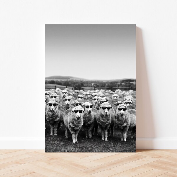 Sheep Wearing Sunglasses Print Black and White Retro Vintage Funny Farm Animal Photography Canvas Framed Printed Wall Art Decor Hipster Gift