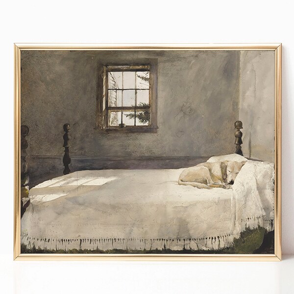 Master Bedroom by Andrew Wyeth Dog Sleeping in Bed Giclee Canvas Print Poster Framed Watercolor Painting Vintage Victorian Wall Art Decor