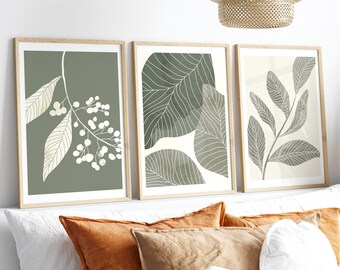 Follaje vintage Boho Greenery Conjunto de 3 hojas Impresiones botánicas Crema salvia Decoración beige Galería minimalista Arte de la pared Lienzo Póster enmarcado