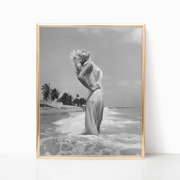 Marilyn Monroe Beach Print Famous Movie Actress Coastal Black & White Retro Vintage Classic Fashion Photography Canvas Framed Printed Art