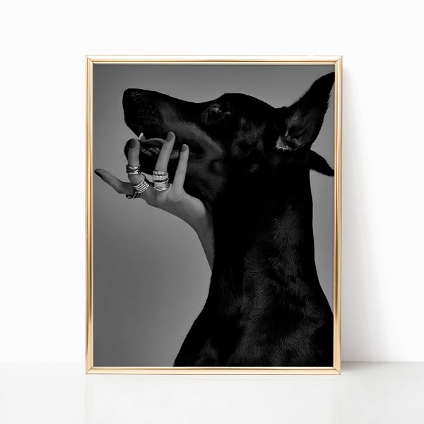Doberman Pinscher Dog Print Black and White Old Retro Luxury Vintage Fashion Photography Canvas Framed Printed Trendy Room Wall Art Decor