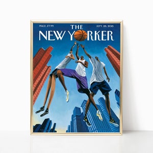 The New Yorker Print Blue Framed Magazine Cover Basketball Game Vintage Illustration Trendy Fashion Retro Room Wall Art Canvas Poster Modern