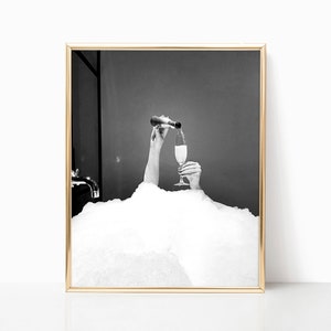 Woman Drinking Champagne in Bubble Bath Black & White Vintage Retro Photo Fashion Bedroom Luxury Wall Art Decor Poster Canvas Framed Printed