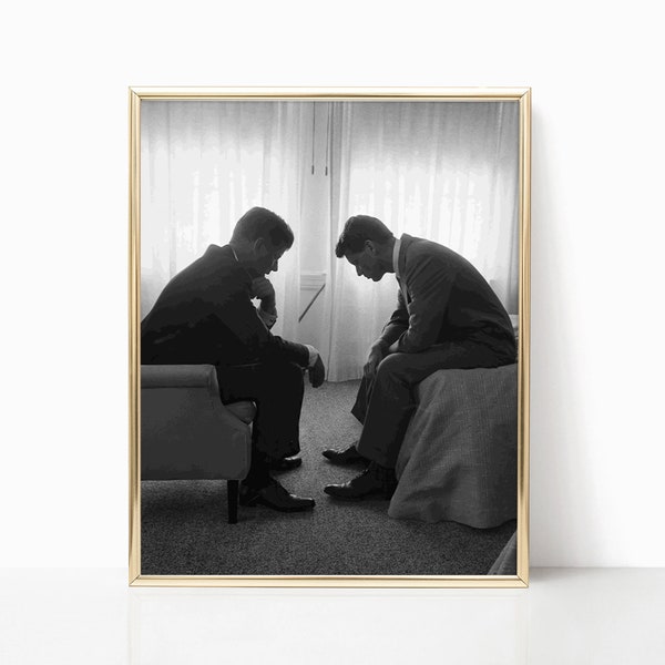 President John F. Kennedy with his Brother Robert Kennedy Poster Black and White Vintage Retro Photography Canvas Framed Room Wall Art Decor
