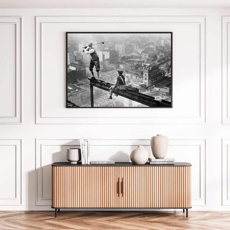Golf on Skyscraper Beam Black and White Vintage Funny Retro Photography Wall Art Canvas Framed Poster Printed Wall Art Trendy Room Decor image 1