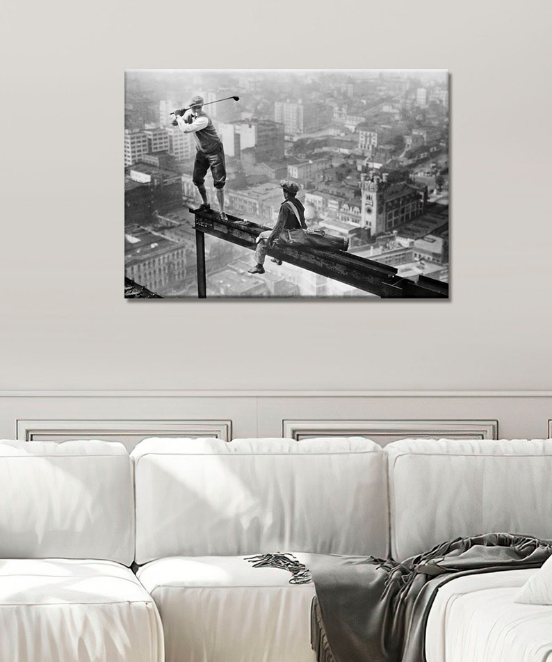 Golf on Skyscraper Beam Black and White Vintage Funny Retro Photography Wall Art Canvas Framed Poster Printed Wall Art Trendy Room Decor image 3
