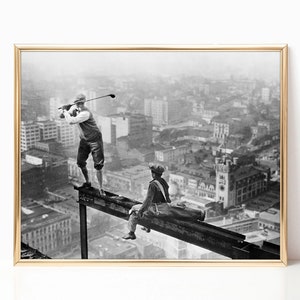 Golf on Skyscraper Beam Black and White Vintage Funny Retro Photography Wall Art Canvas Framed Poster Printed Wall Art Trendy Room Decor image 5