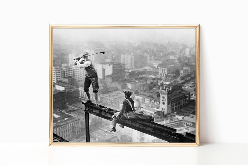Golf on Skyscraper Beam Black and White Vintage Funny Retro Photography Wall Art Canvas Framed Poster Printed Wall Art Trendy Room Decor image 5