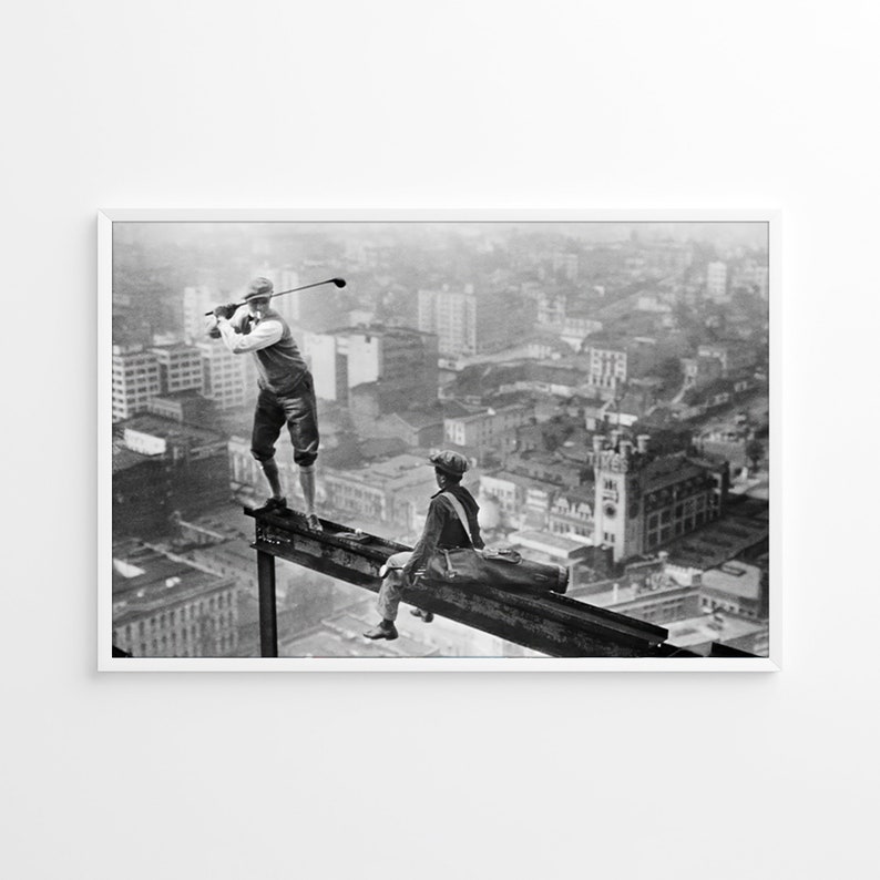 Golf on Skyscraper Beam Black and White Vintage Funny Retro Photography Wall Art Canvas Framed Poster Printed Wall Art Trendy Room Decor image 4