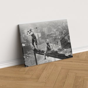Golf on Skyscraper Beam Black and White Vintage Funny Retro Photography Wall Art Canvas Framed Poster Printed Wall Art Trendy Room Decor image 2