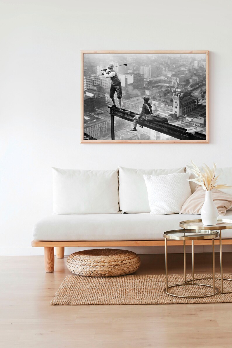 Golf on Skyscraper Beam Black and White Vintage Funny Retro Photography Wall Art Canvas Framed Poster Printed Wall Art Trendy Room Decor image 6