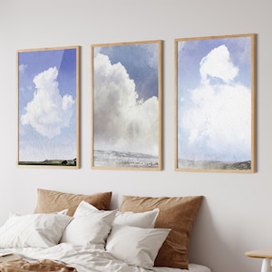 Juego de 3 carteles decorativos de pared con nubes para dormitorio, sala de estar, decoración de pared neutra, arte de pared minimalista, descarga digital, nubes de acuarela