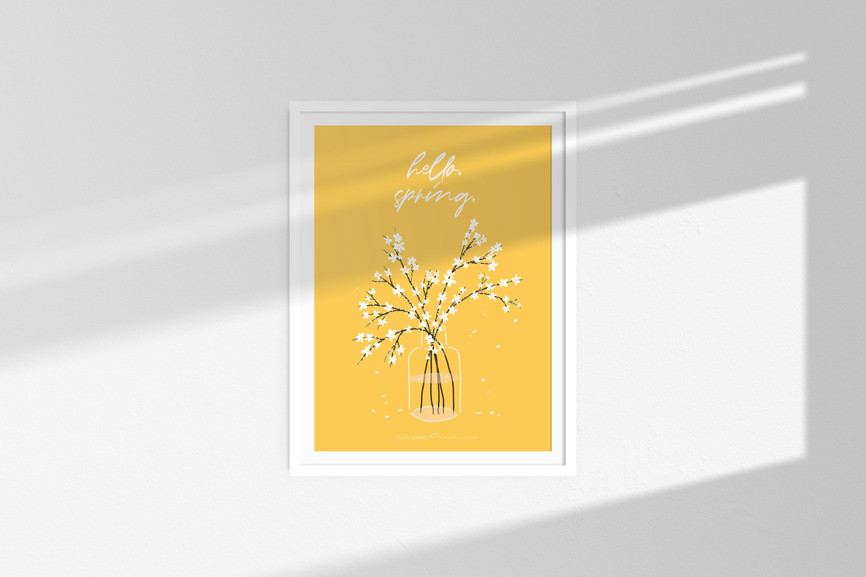 hello spring sign with flowers, floral framed wall art, spring decor, home wall decor for spring, botanical wall art, Spiraea thunbergii art