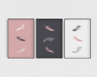 Black and Pink Feather Print Set of 3, Feather Wall Art, Set of 3 Wall Decor Art Prints, Living Room, Sketched Wall Art, Ivory Feather