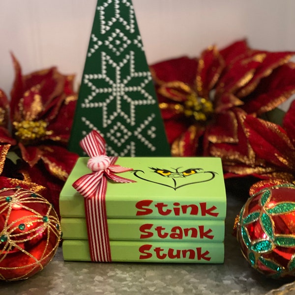 Stink, Stank, Stunk, Mr. Grinch, Holiday Decor, Christmas Decor,Winter, Tiered Tray, Shelf  Sitter, Grinch Face, Mini Book Stack