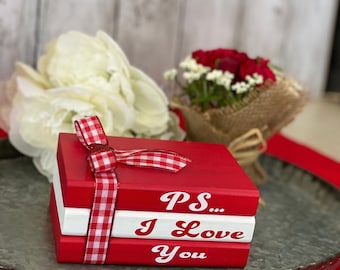 PS I Love You, Valentines Day Decor, Valentine, Decorative Books, Mini Wood Book Stack, Book Stack, Tiered Tray Decor, Shelf Sitter