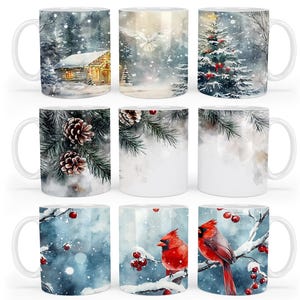 May include: Set of 10 white ceramic mugs with winter holiday themed designs. The designs include a snowy cabin, a pine tree with red ornaments, pine branches with pine cones, and a snowy scene with cardinals.