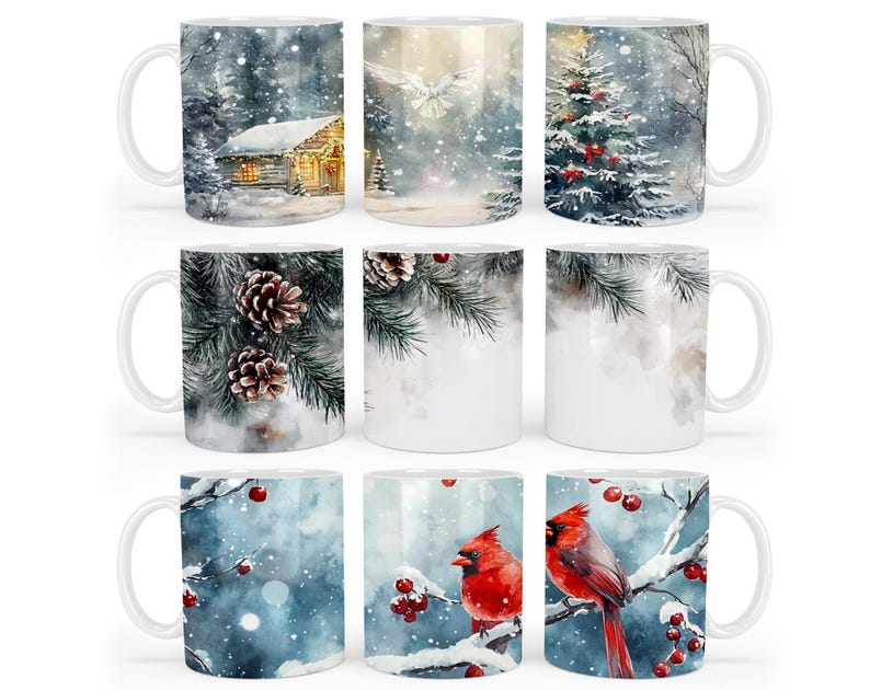 May include: Set of 10 white ceramic mugs with winter holiday themed designs. The designs include a snowy cabin, a pine tree with red ornaments, pine branches with pine cones, and a snowy scene with cardinals.