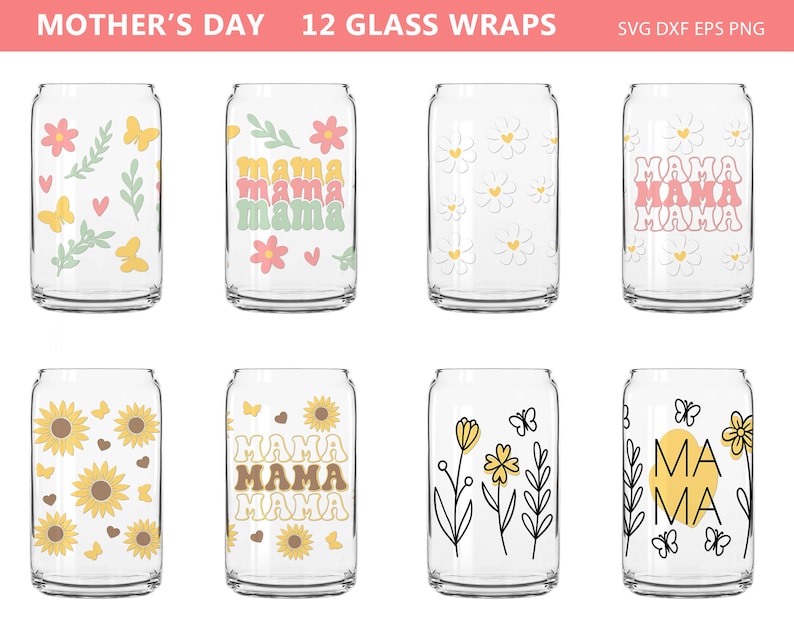 K&ouml;nnte beinhalten: Set aus 12 Glas-Wraps mit Blumen- und "MAMA"-Designs. Enth&auml;lt Schmetterlinge, Sonnenblumen und G&auml;nsebl&uuml;mchen in verschiedenen Farben. Der Text "MOTHER'S DAY" steht oben.