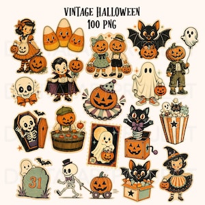 May include: A collection of vintage Halloween-themed illustrations featuring characters like ghosts, skeletons, jack-o'-lanterns, black cats, and children in costumes. The text VINTAGE HALLOWEEN 100 PNG is displayed at the top of the graphic set.