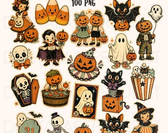 Halloween Stickers PNG Bundle, Halloween Clipart, Cute Vintage Halloween PNG, Kawaii Ghost Pumpkin Bat Clipart, Halloween Sublimation Design