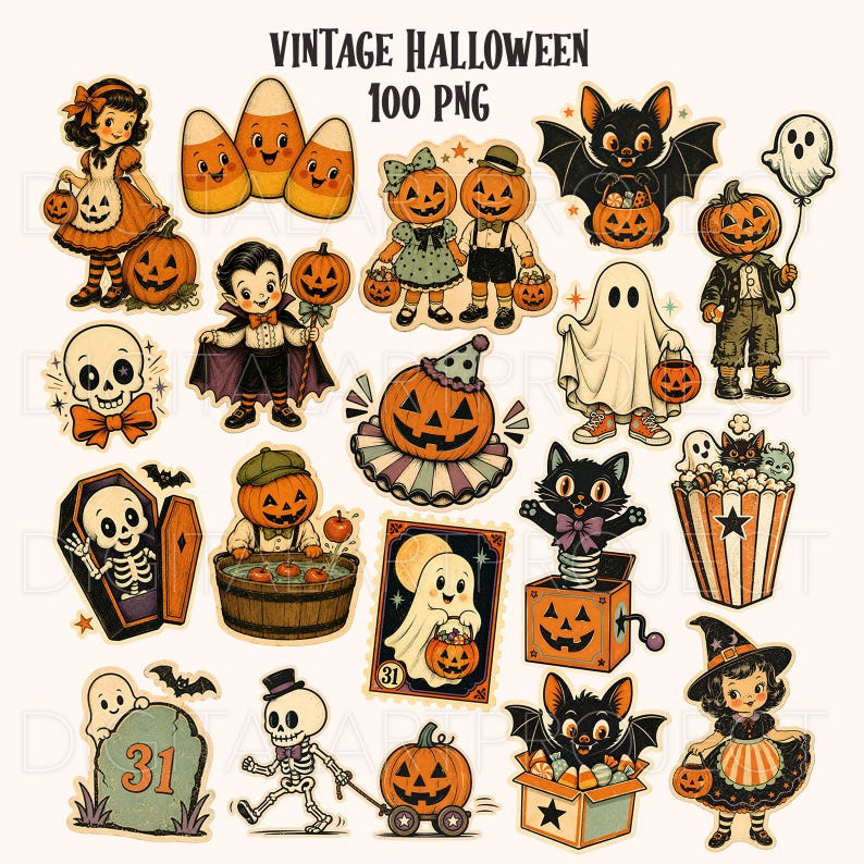 May include: A collection of vintage Halloween-themed illustrations featuring characters like ghosts, skeletons, jack-o'-lanterns, black cats, and children in costumes. The text VINTAGE HALLOWEEN 100 PNG is displayed at the top of the graphic set.