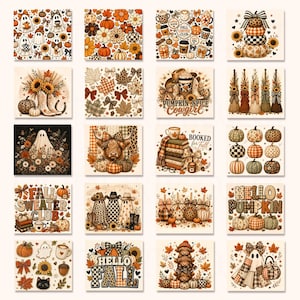 May include: A collection of twenty square digital art prints featuring autumn themes including ghosts, pumpkins, sunflowers, highland cows, cowboy boots, and fall-themed text like Hello Pumpkin, Booked for Fall, and Fall Sweater Club.