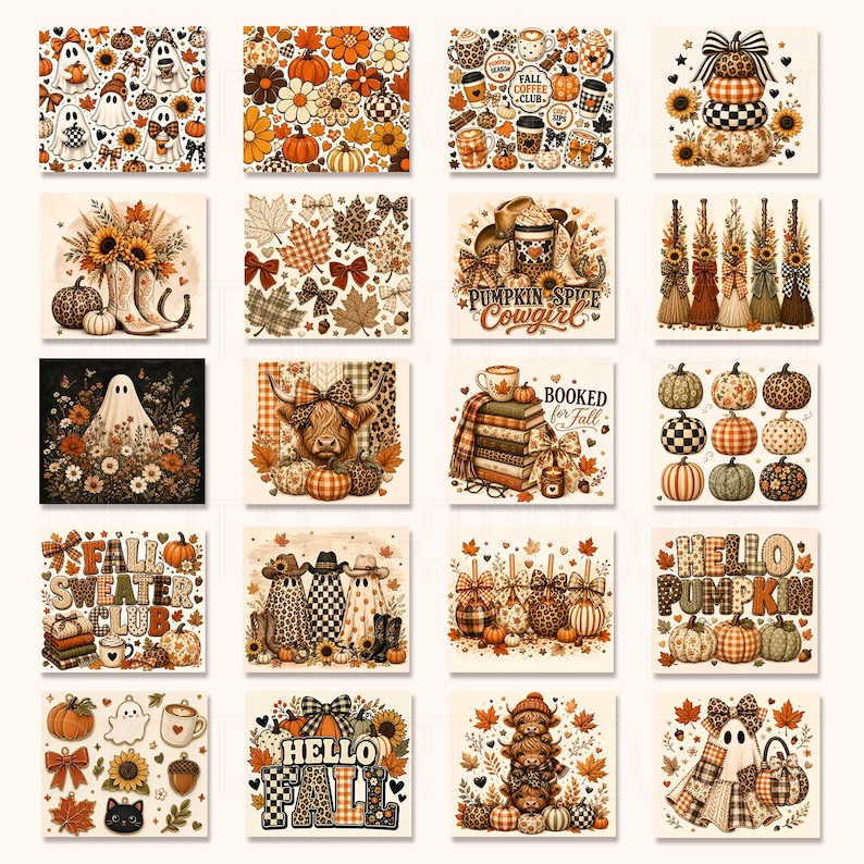 May include: A collection of twenty square digital art prints featuring autumn themes including ghosts, pumpkins, sunflowers, highland cows, cowboy boots, and fall-themed text like Hello Pumpkin, Booked for Fall, and Fall Sweater Club.