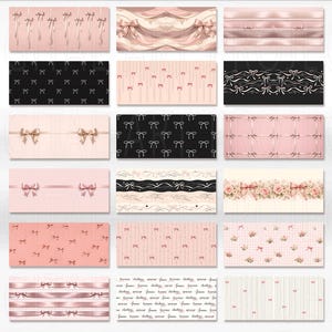 K&ouml;nnte beinhalten: Eine Sammlung rechteckiger Designs mit verschiedenen Mustern aus Schleifen und B&auml;ndern in Rosa-, Schwarz- und Cremet&ouml;nen. Einige Designs enthalten florale Elemente und Text, wodurch eine zarte und feminine &Auml;sthetik entsteht.