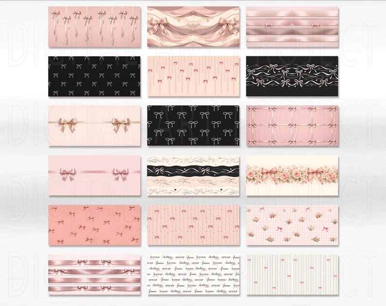 K&ouml;nnte beinhalten: Eine Sammlung rechteckiger Designs mit verschiedenen Mustern aus Schleifen und B&auml;ndern in Rosa-, Schwarz- und Cremet&ouml;nen. Einige Designs enthalten florale Elemente und Text, wodurch eine zarte und feminine &Auml;sthetik entsteht.