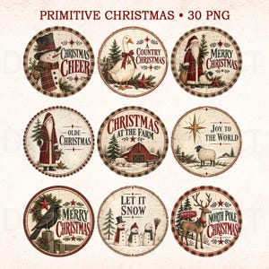 May include: A collection of nine circular digital graphics featuring primitive Christmas themes, including snowmen, Santa Claus, a goose, a barn, a sheep, a crow, and a reindeer, with text such as Christmas Cheer, Merry Christmas, and Let It Snow.
