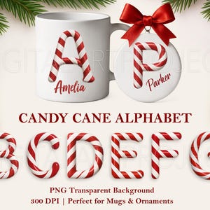 Pode incluir: Caneca e enfeite brancos com letras do alfabeto de bengala doce. A caneca tem a letra "A" e o nome "Amelia". O enfeite tem a letra "P" e o nome "Parker". A imagem também mostra as letras B, C, D, E, F e G.