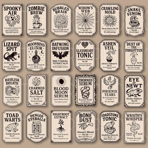 May include: A collection of vintage-style potion labels with various spooky names and illustrations. Each label features a unique design and text, including "Spooky Air," "Zombie Brew," and "Snake Venom."